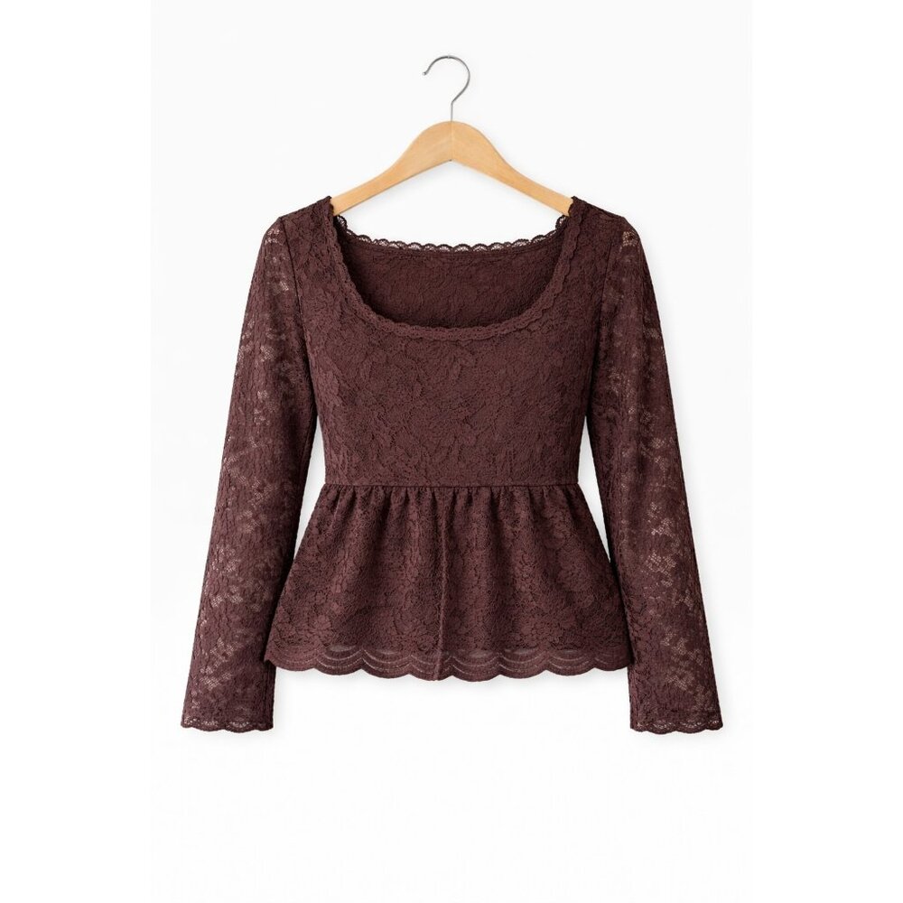 Women’s Brown Lace Peplum Top Square‎ Neck Long Sleeve XL La Peche